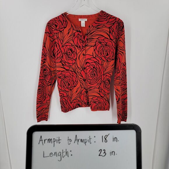 Harolds Cardigan Womens Small Silk Blend Floral Button Up Red Orange Black - Picture 12 of 12